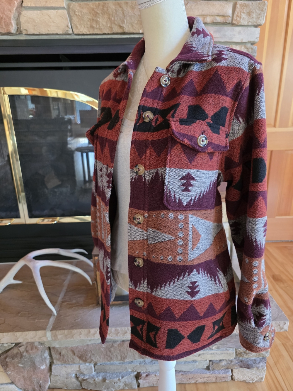 Idyllwind Aztec Knit Button-Front Shirt Jacket in Rust, Black, Gray and Burgundy